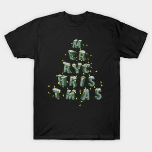 Merry Christmas written in the shape of a tree with some Christmas lights T-Shirt